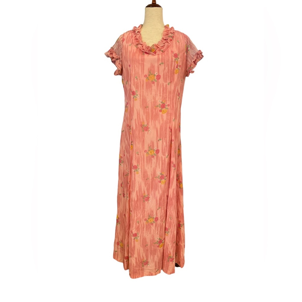 Vintage Hand Made Pink Floral Maxi Poly Acetate Lined Dress M